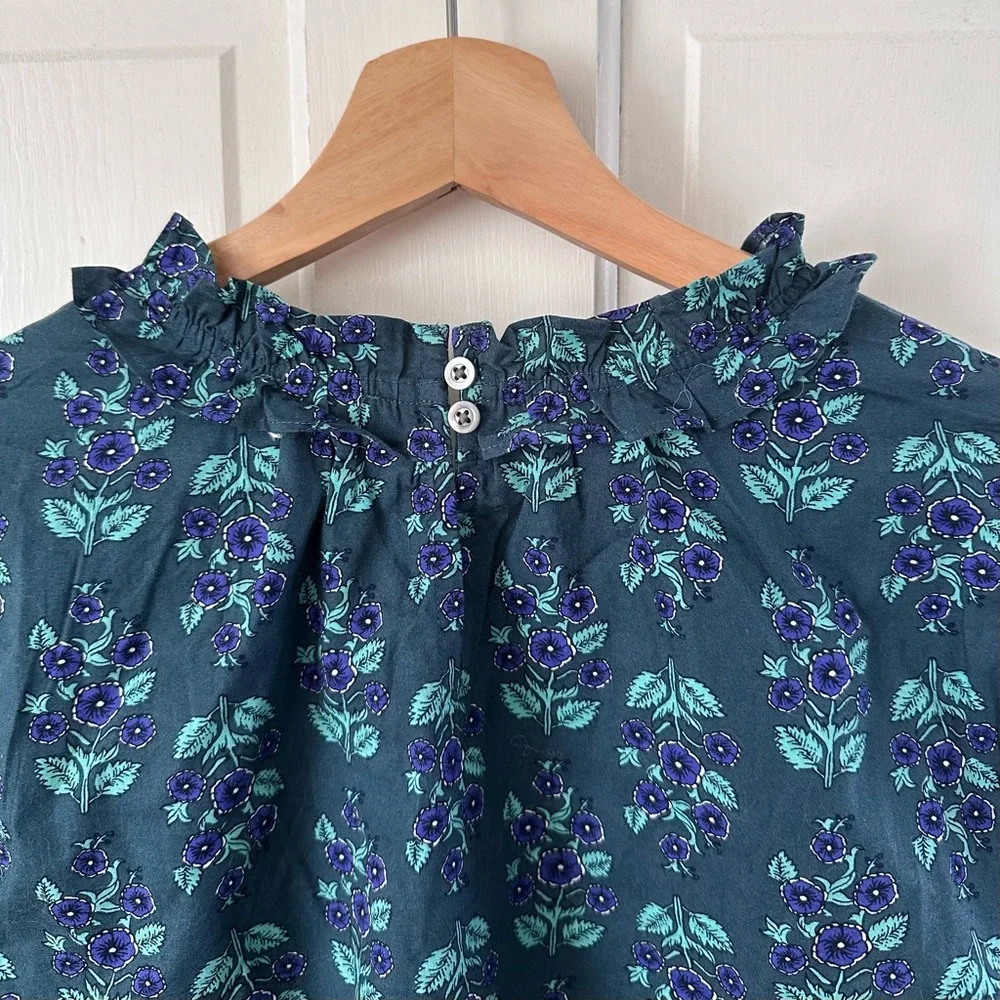 J. CREW Long Sleeve Ruffleneck Poplin Blouse Floral Spruce Antique Navy Size M